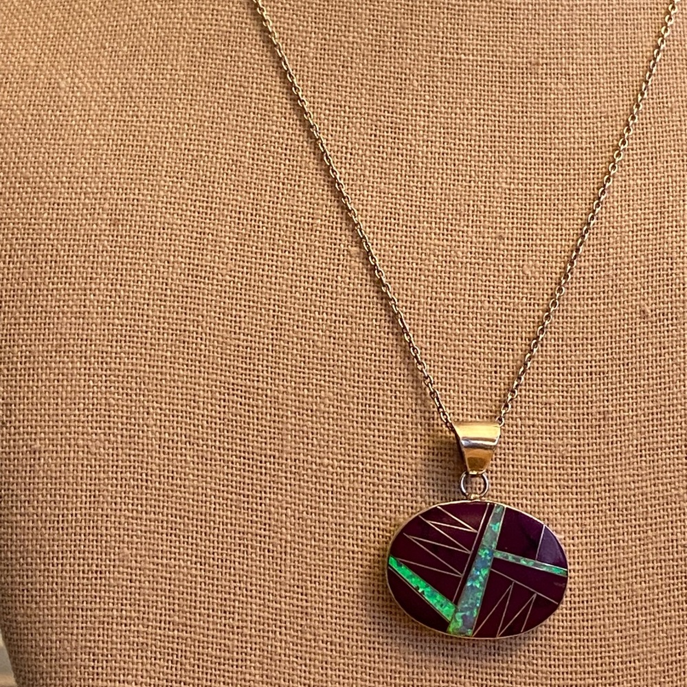 Amazing Native American sugilite and opaline inlay sterling silver pendant - Picture 4 of 9